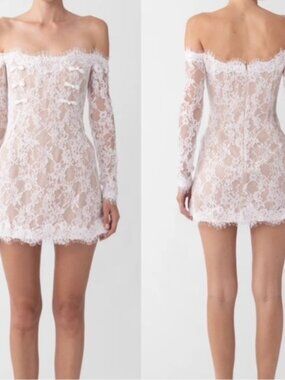 NWT SAU LEE Rachael lace mini dress off shoulder bishop sleeve bodycon dress 4